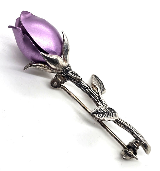 Jezlaine sterling silver vintage signed purple rosebud flower brooch