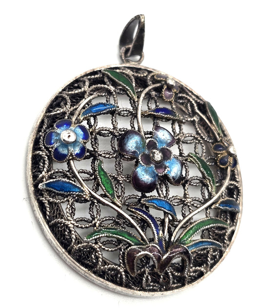 Chinese Export blue purple flowers enamel cloisonne sterling silver vintage pendant