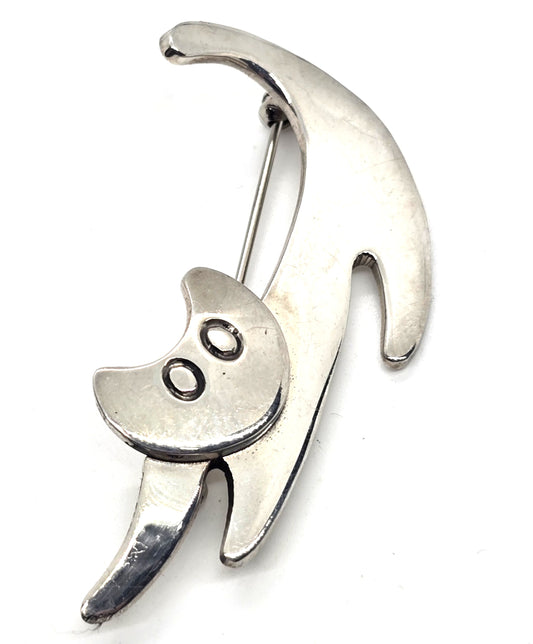 Big Stretch Cat Artisan vintage sterling silver feline cat brooch