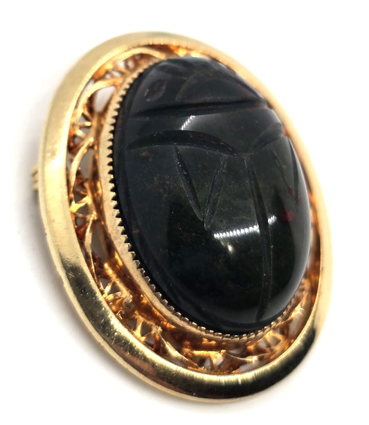 Catamore carved Scarab Egyptian Revival 12k gold filled Bloodstone brooch