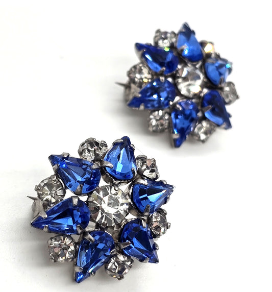 Blue rhinestone flower MCM vintage pair of two brooches