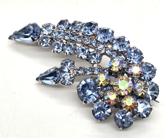Baby blue aurora borealis flower rhinestone vintage brooch mid century