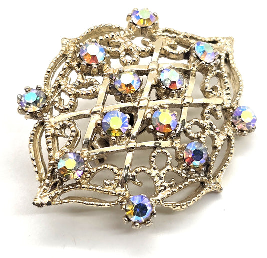 Rainbow Aurora Borealis AB bright eye gold toned vintage rhinestone brooch