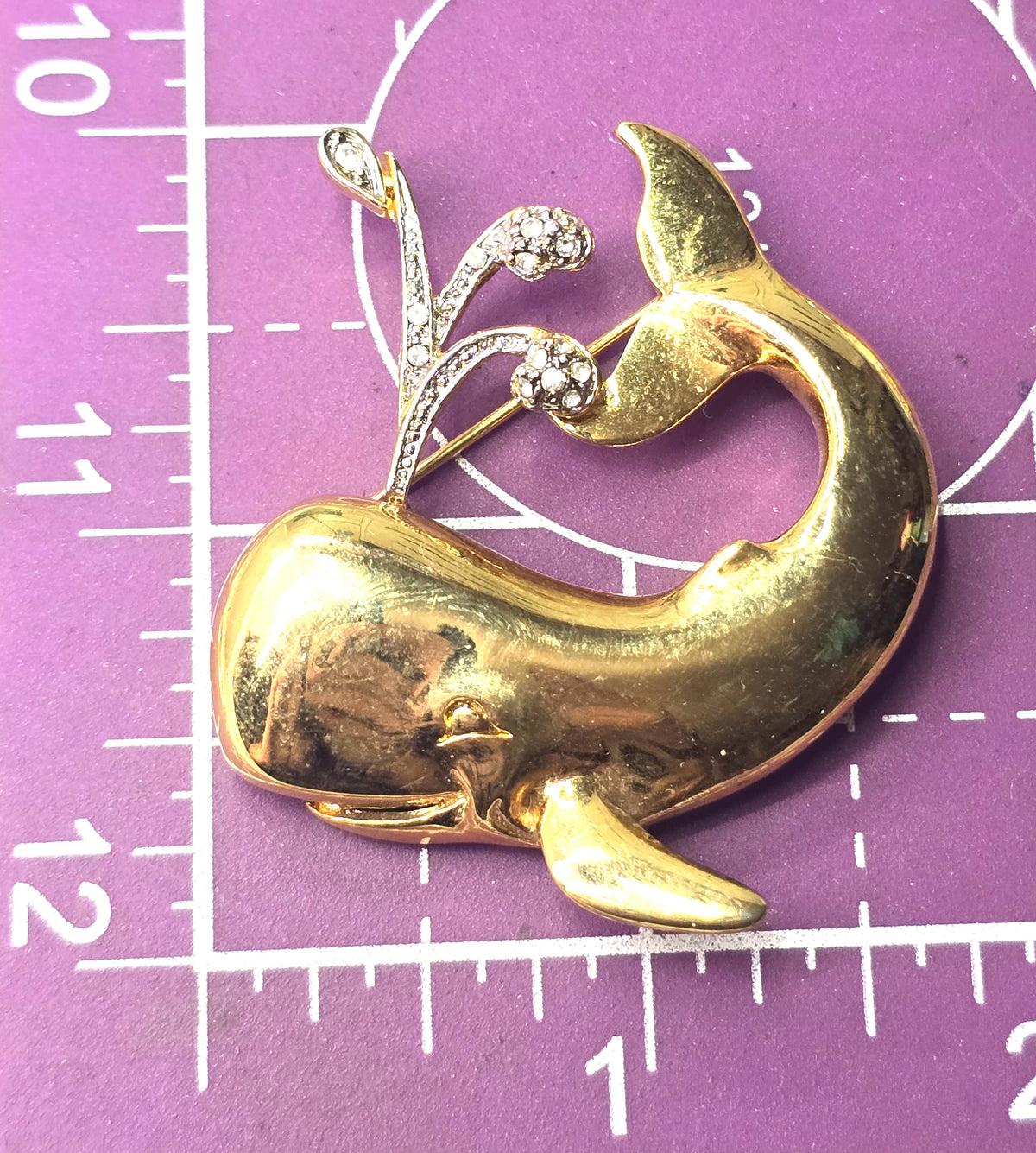 Whale figural pave rhinestone gold toned vintage figural brooch