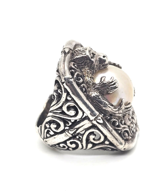 Sarda Monkey holding Pearl gemstone tribal Bali sterling silver ring size 5