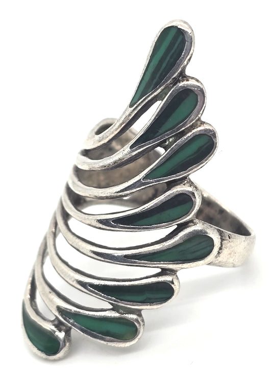 Malachite gemstone inlay feather fan vintage sterling silver ring size 8
