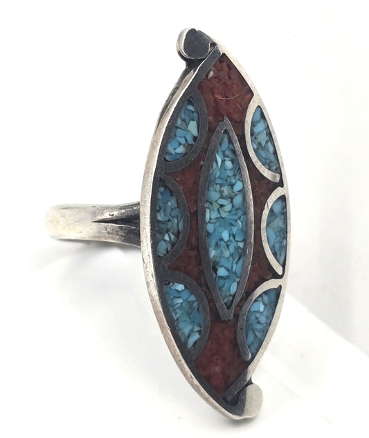 Southwestern crushed turquoise red coral vintage sterling silver ring size 5.25
