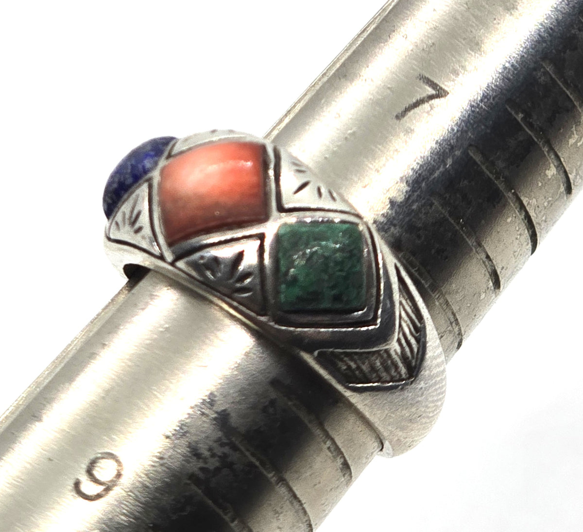 Southwestern multi Gemstone Inlay vintage Sterling Silver ring band size 8 1996