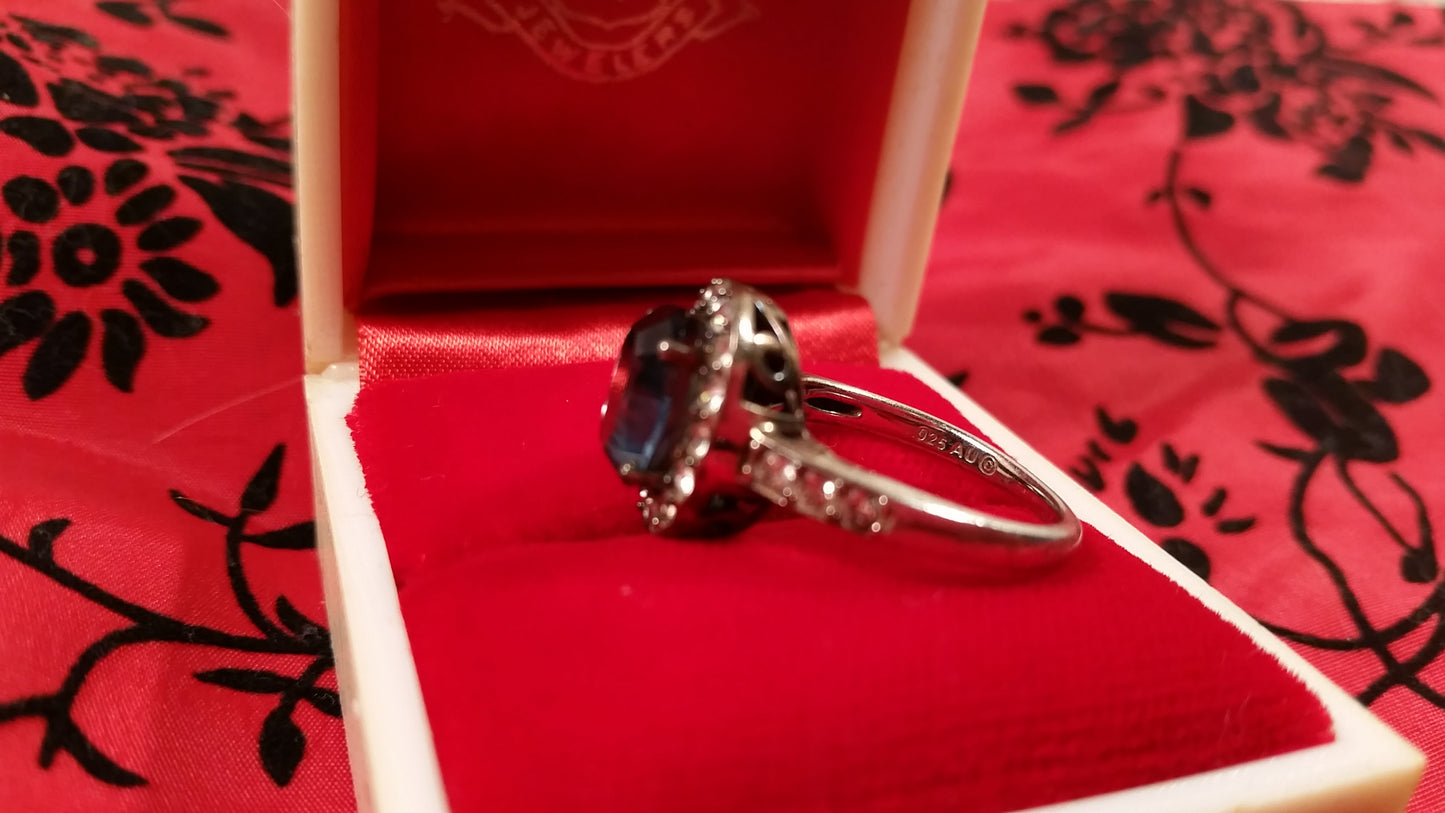 Aquamarine sterling silver CZ Cubic Zirconia halo setting vintage blue gemstone ring size 7