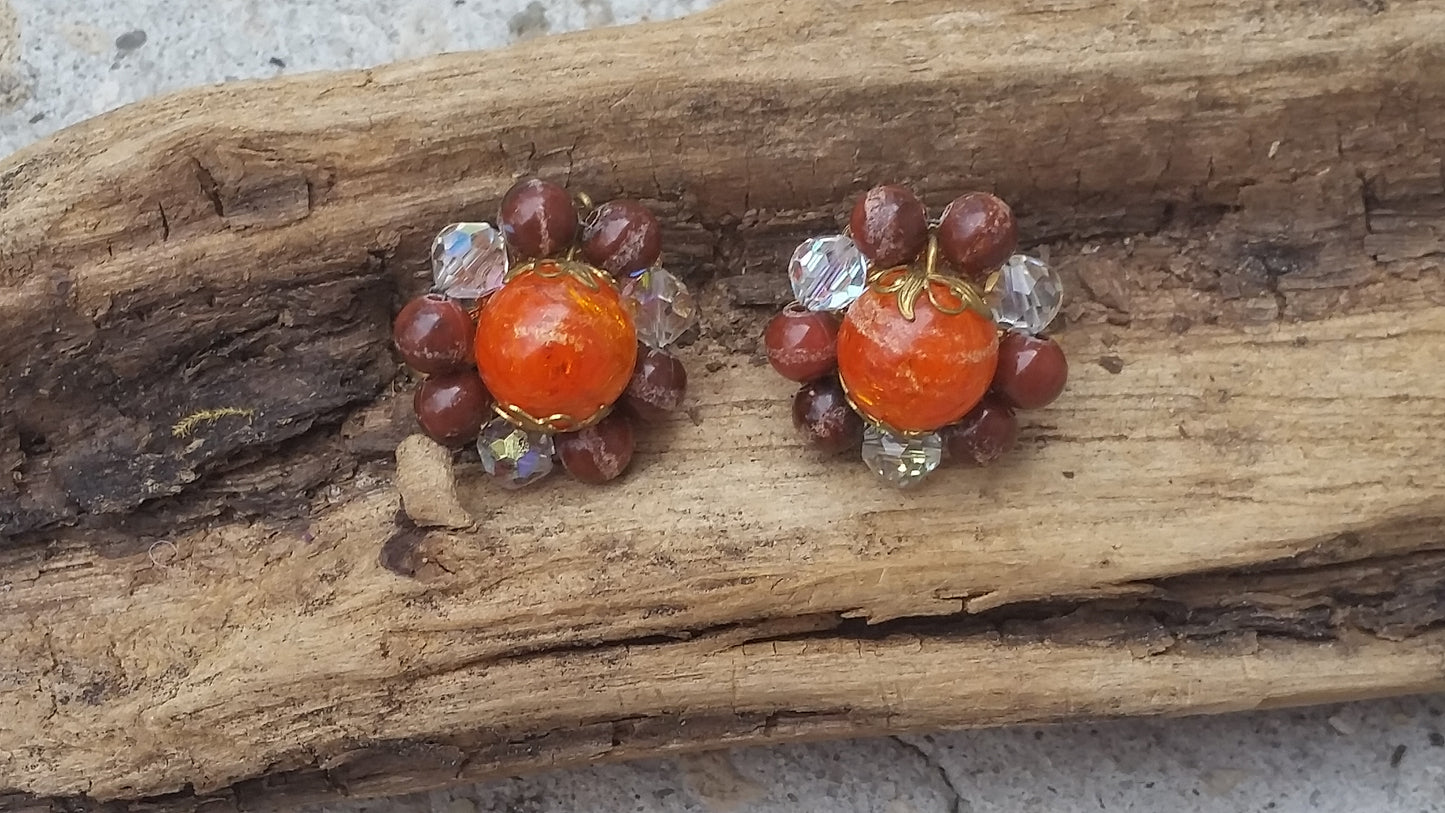 Austrian crystal orange crackle glass clip on vintage earrings fall jewelry