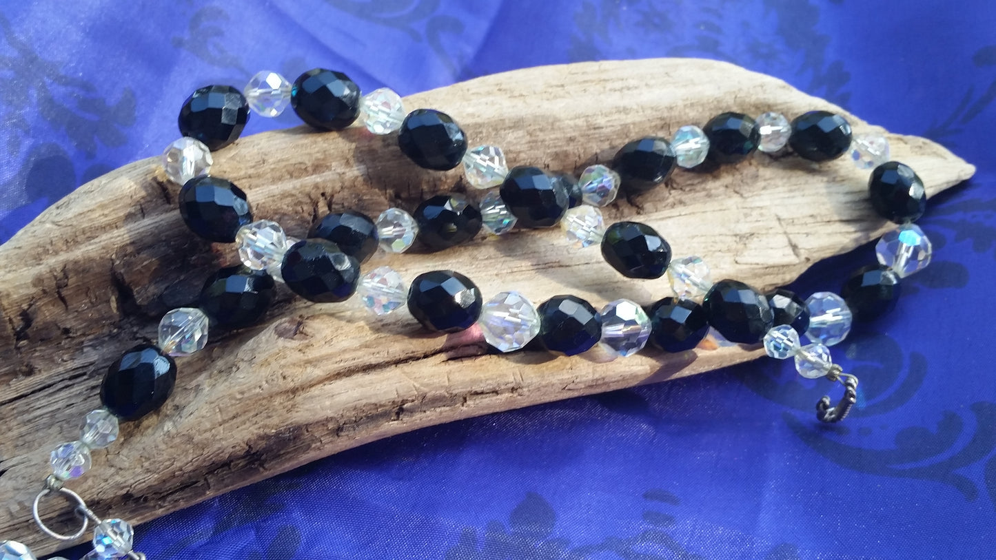 Austrian crystal jet black glass Aurora Borealis graduated vintage beaded necklace