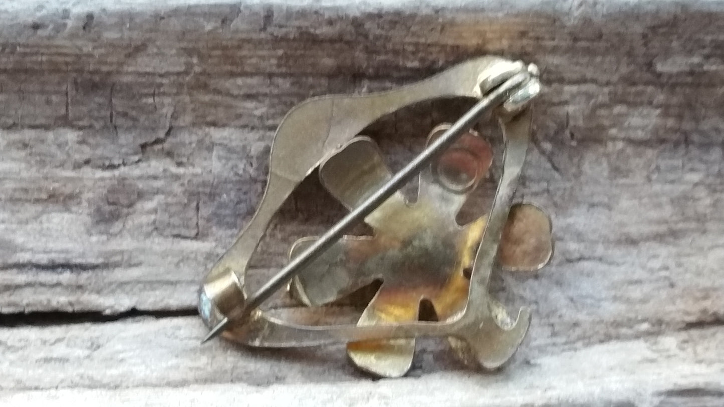 Blue rhinestone Art Nouveau flower brooch