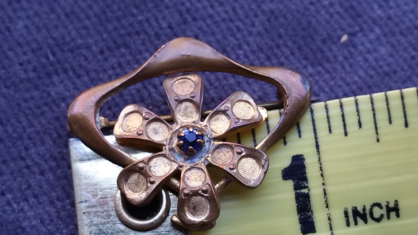 Blue rhinestone Art Nouveau flower brooch