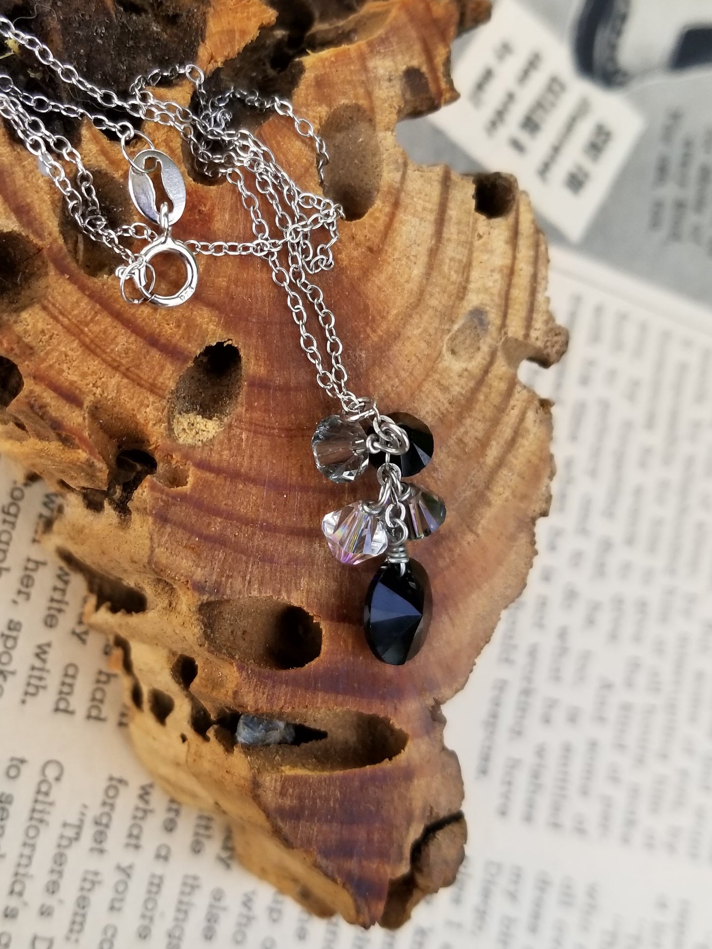 Aurora Borealis Black and white Austrian Crystal drop sterling silver necklace