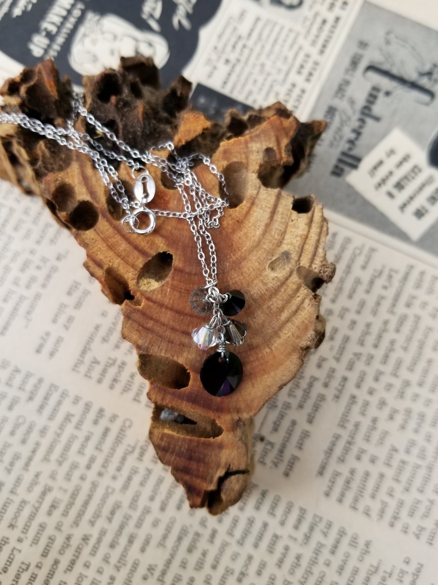 Aurora Borealis Black and white Austrian Crystal drop sterling silver necklace