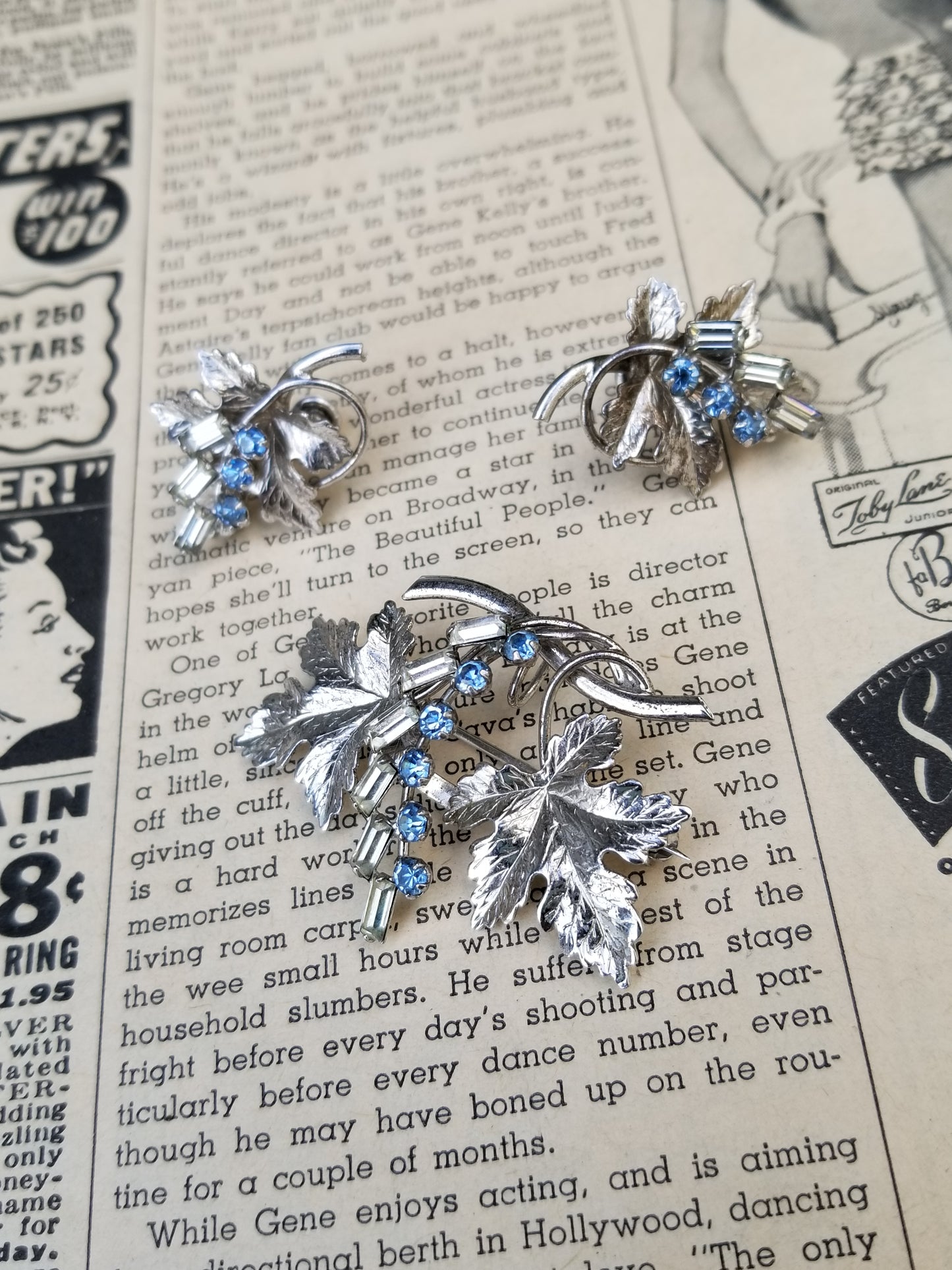 Carl Art sterling silver maple leaf and rhinestone pendant brooch earrings vintage set demi parure
