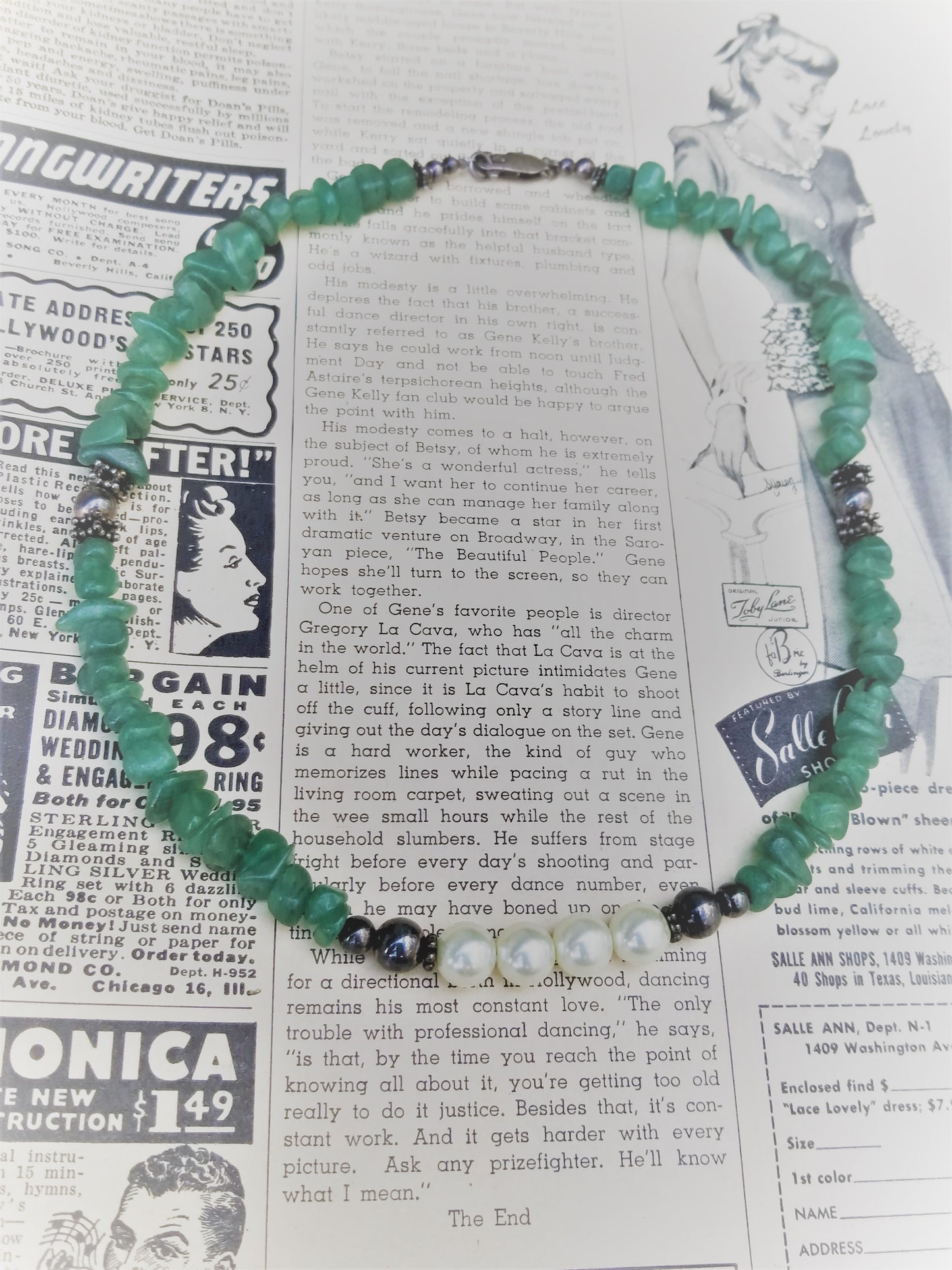 Green Aventurine chip sterling silver and pearl beaded necklace