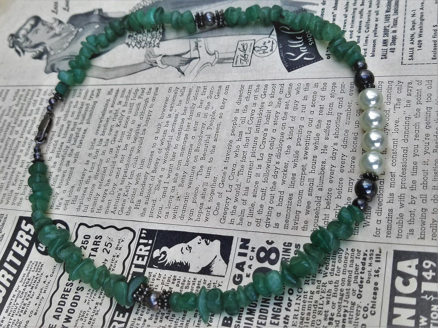Green Aventurine chip sterling silver and pearl beaded necklace
