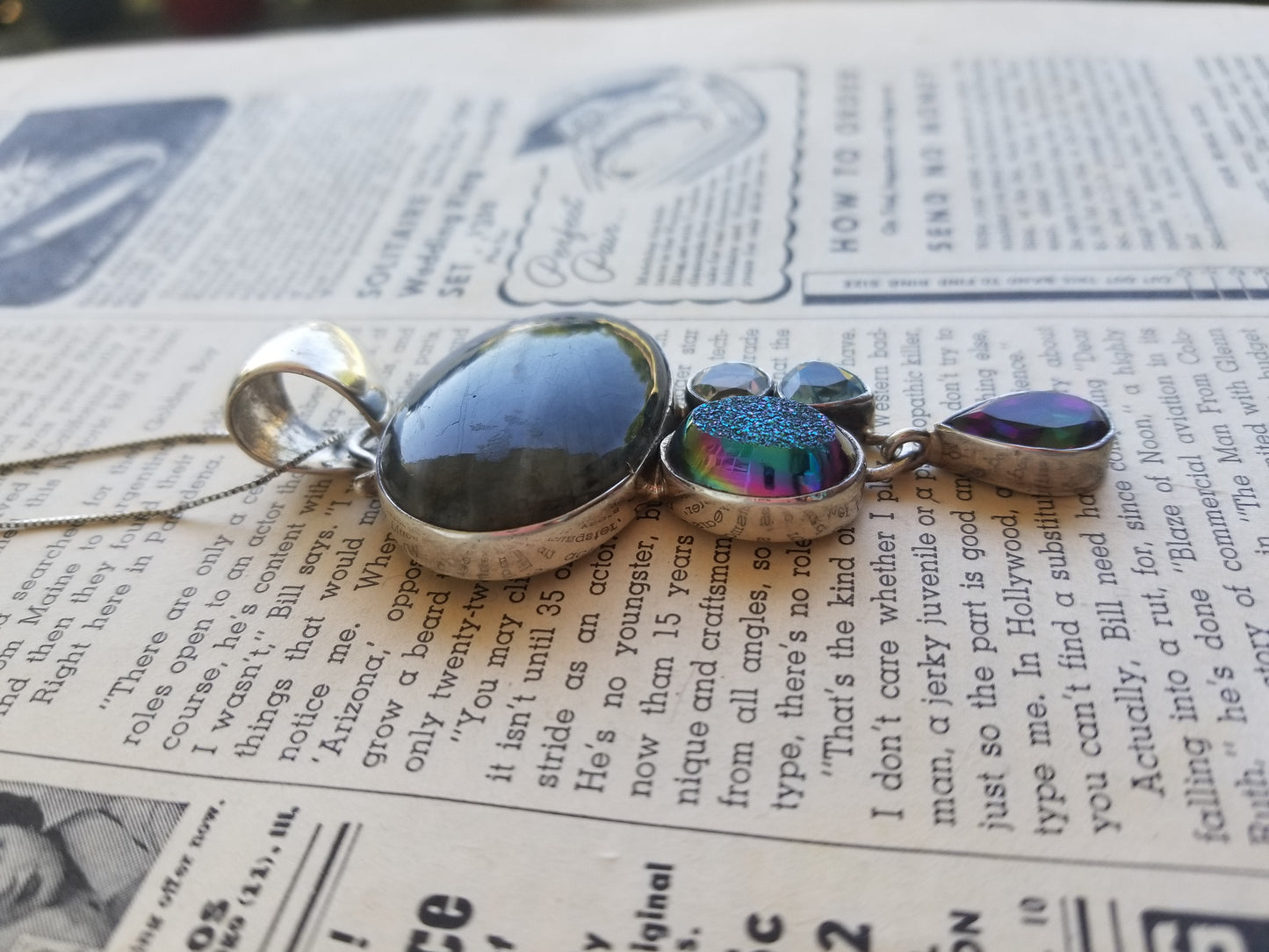 Flashy Labradorite, mystic topaz, druzy, aquamarine and quartz sterling silver SJ925 necklace