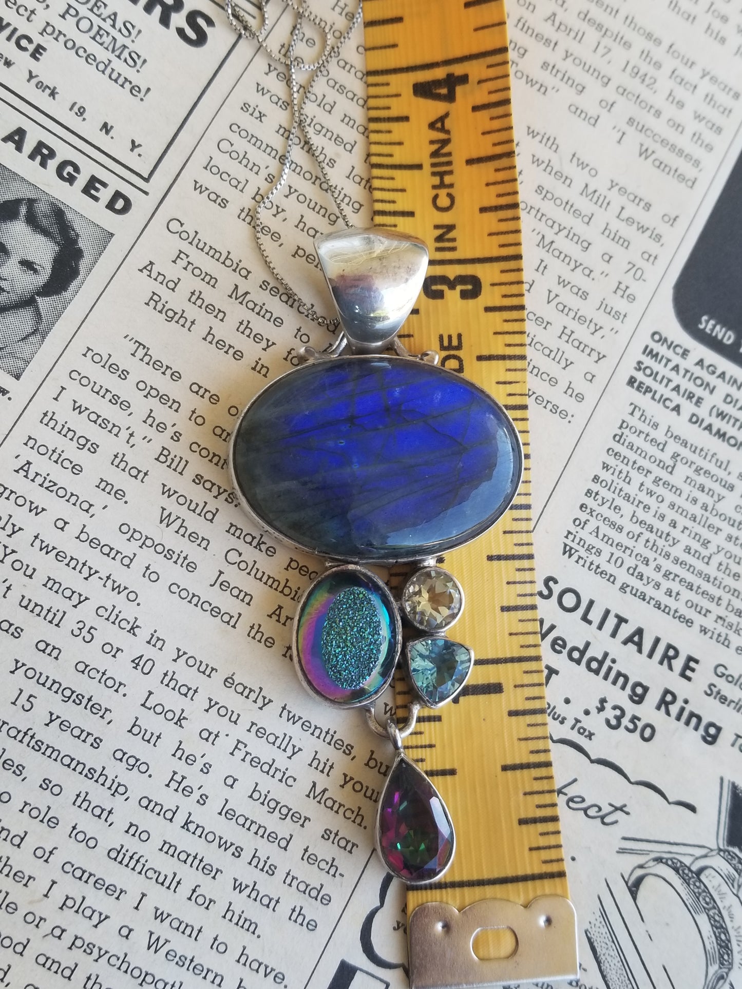 Flashy Labradorite, mystic topaz, druzy, aquamarine and quartz sterling silver SJ925 necklace
