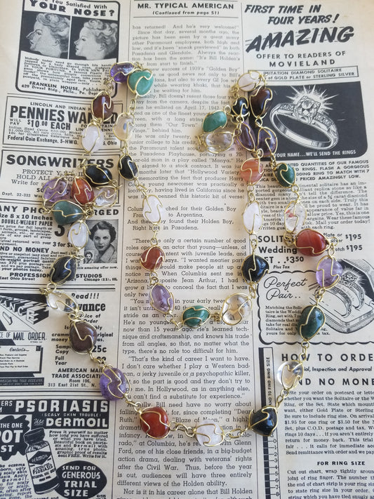 long gold toned wire wrap smooth undrilled natural gemstone vintage necklace 40 inches