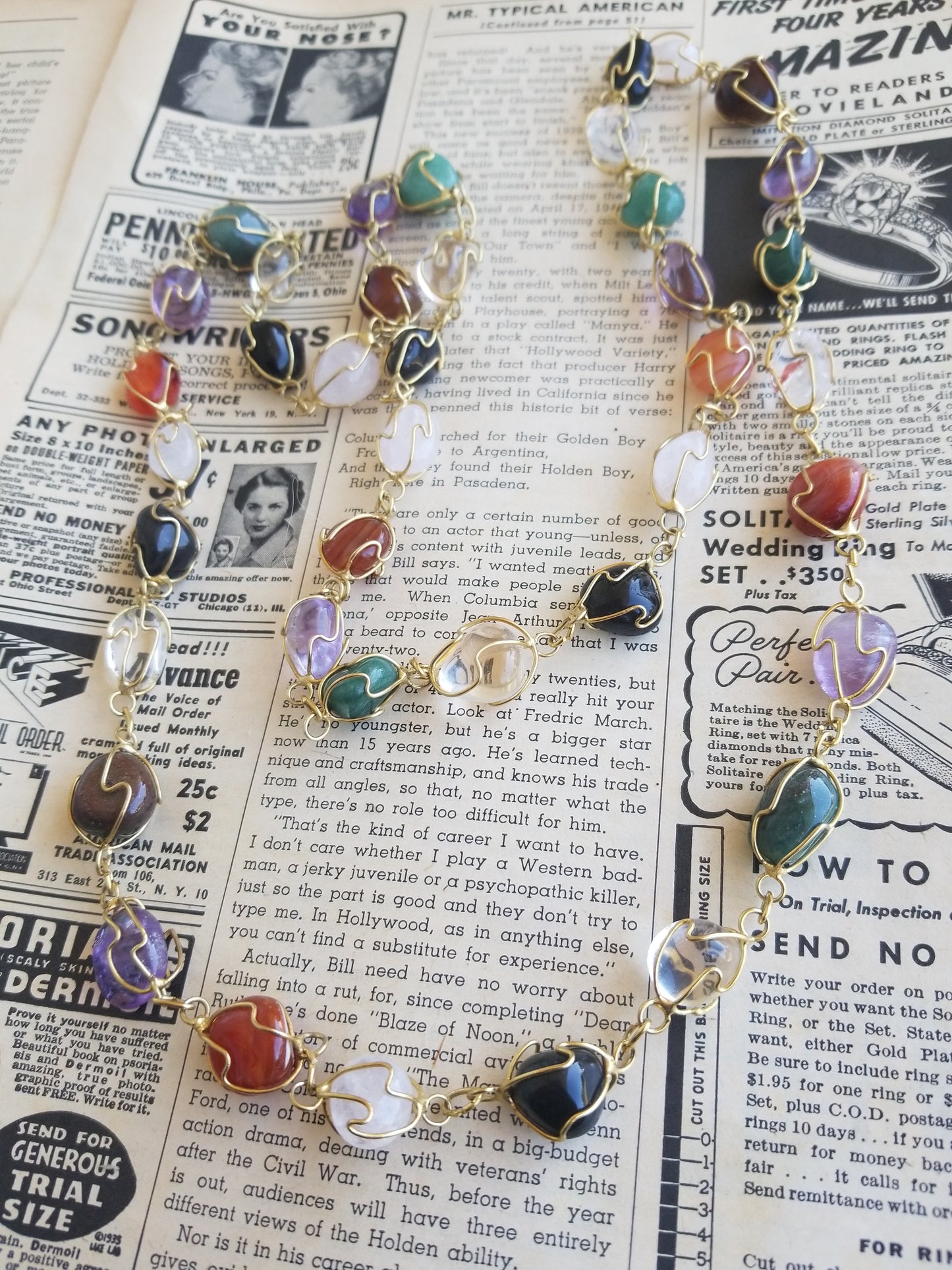 long gold toned wire wrap smooth undrilled natural gemstone vintage necklace 40 inches