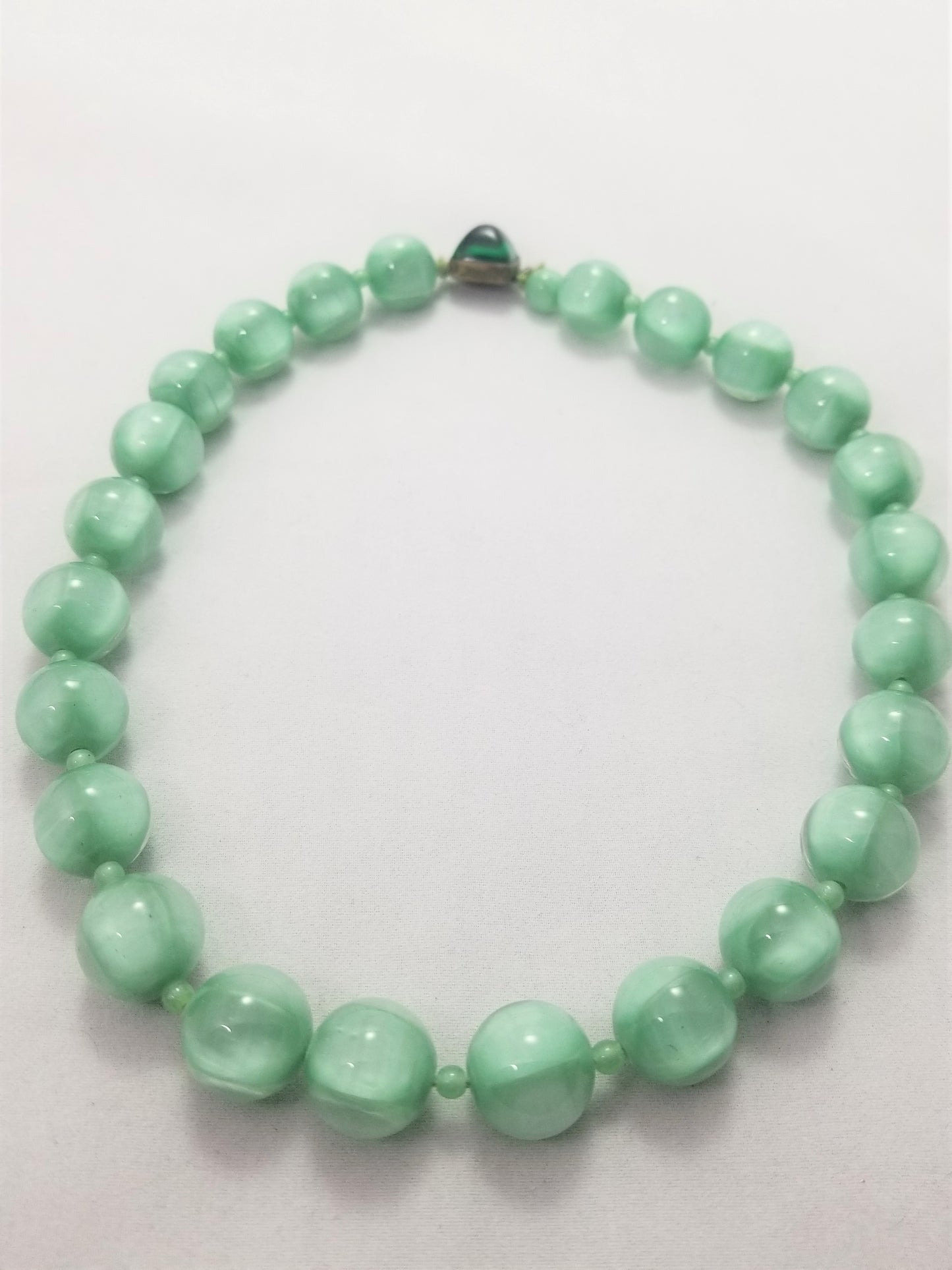 Bohemian glass antique hand blown Czech green round beads with contrast Art Deco necklace
