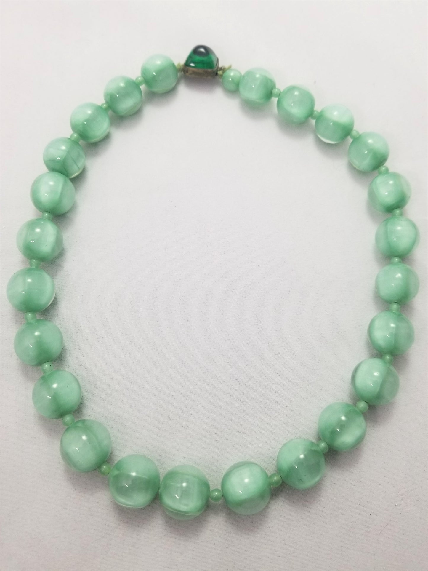Bohemian glass antique hand blown Czech green round beads with contrast Art Deco necklace