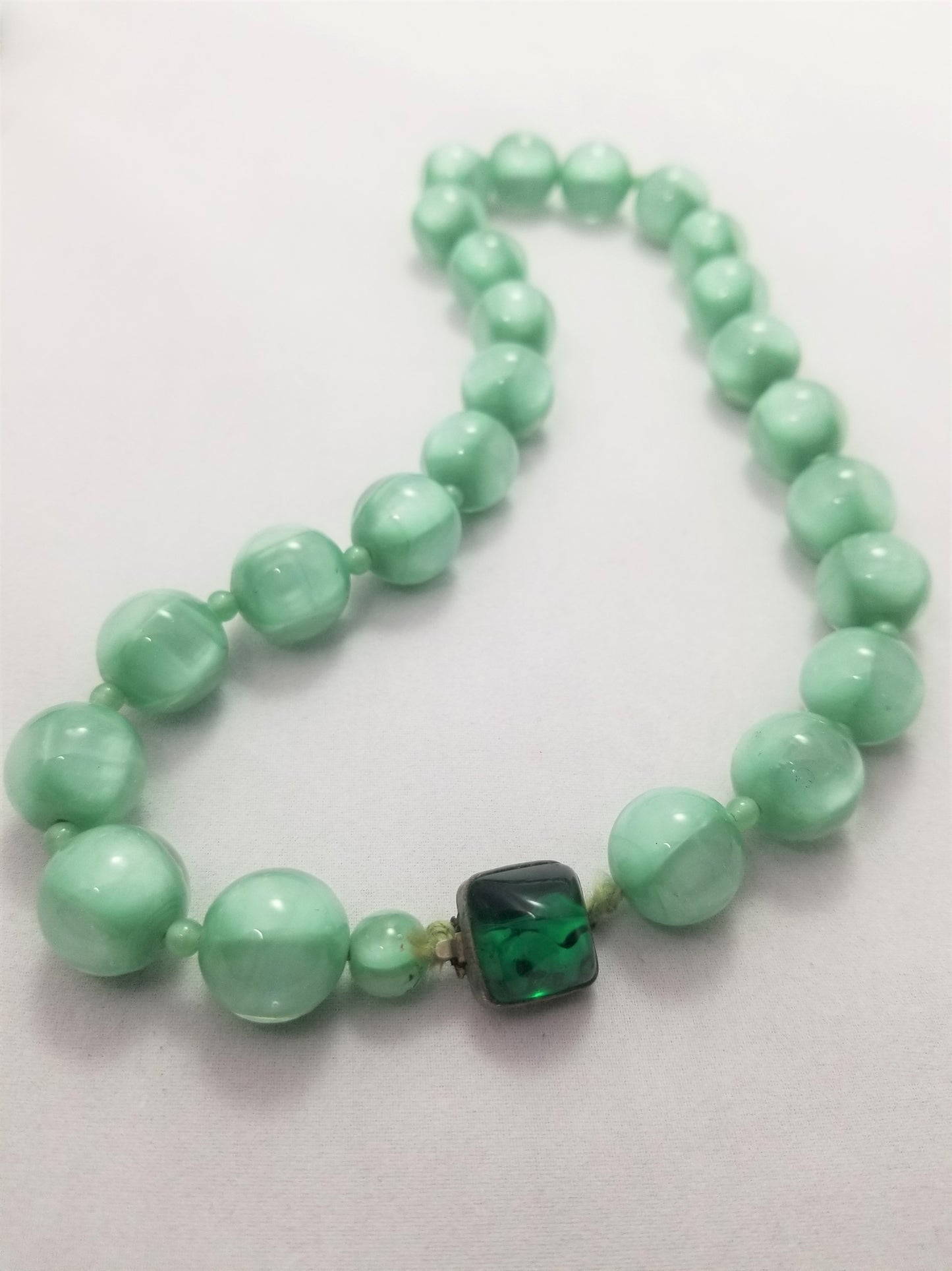 Bohemian glass antique hand blown Czech green round beads with contrast Art Deco necklace