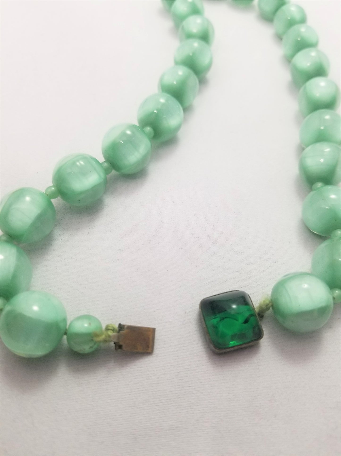 Bohemian glass antique hand blown Czech green round beads with contrast Art Deco necklace