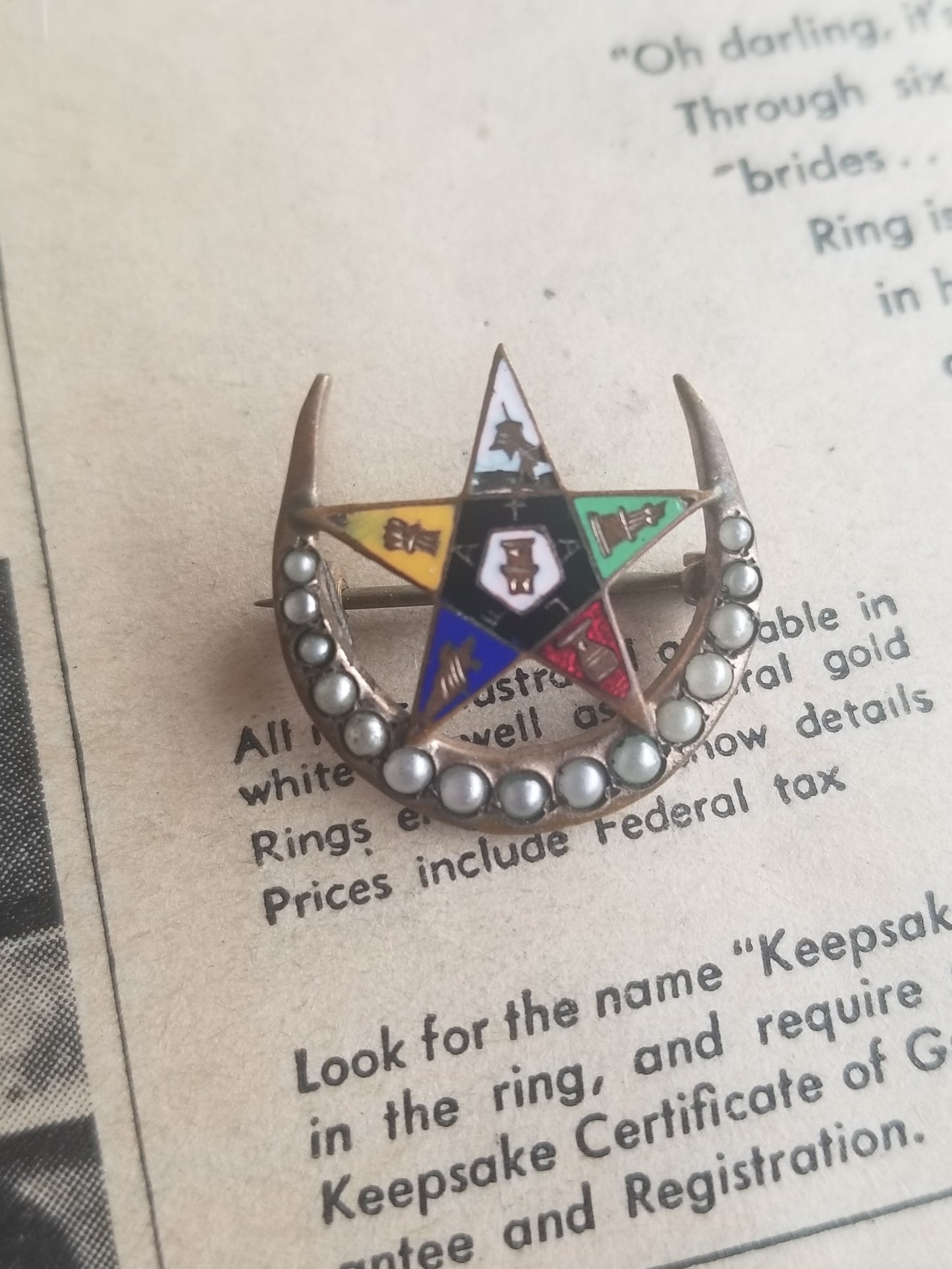 Order of the Eastern star Freemason seed pearl crescent moon gold filled brooch enamel pin