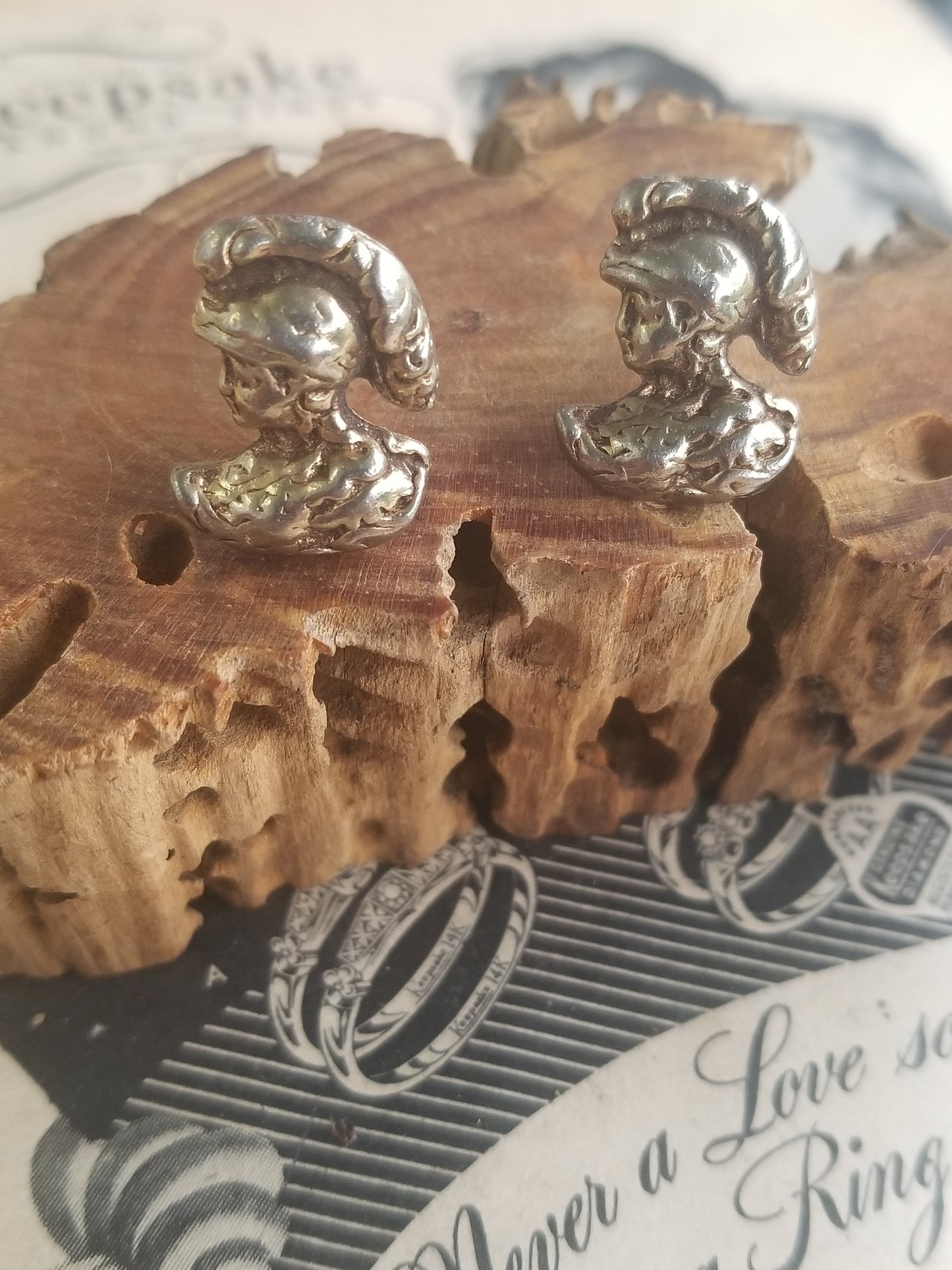 Vintage Heraldic Roman soldier gold toned screw back earrings