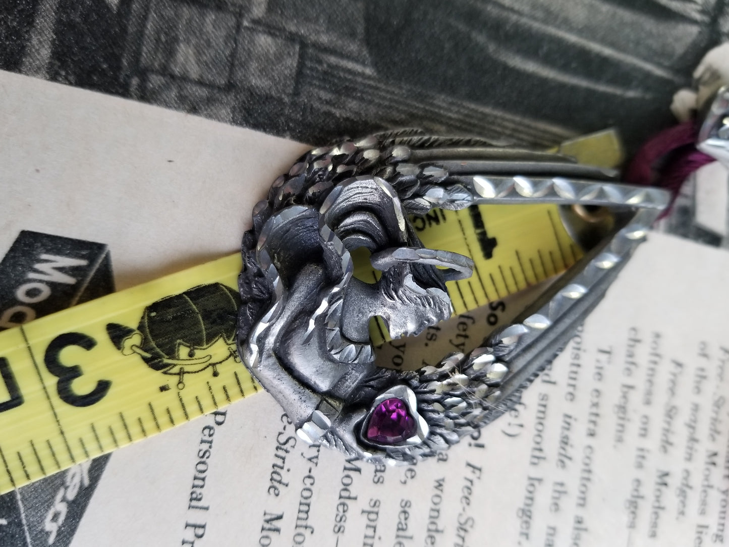EGE Pewter 1994 angel's with purple rhinestone heart necklace and earrings set on silk cord