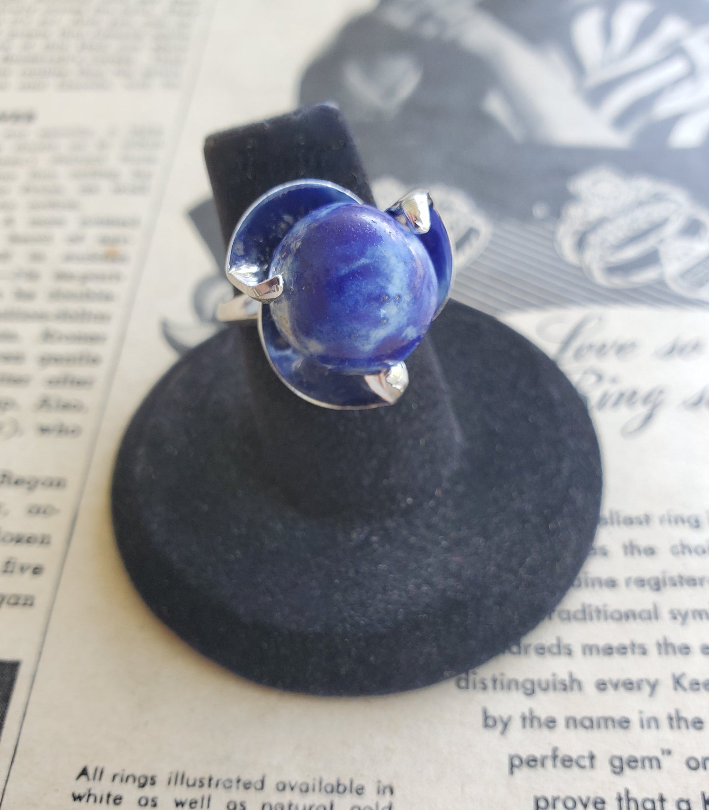 Clark and Coombs sterling silver and blue china Modernist 1950's vintage ring size 6