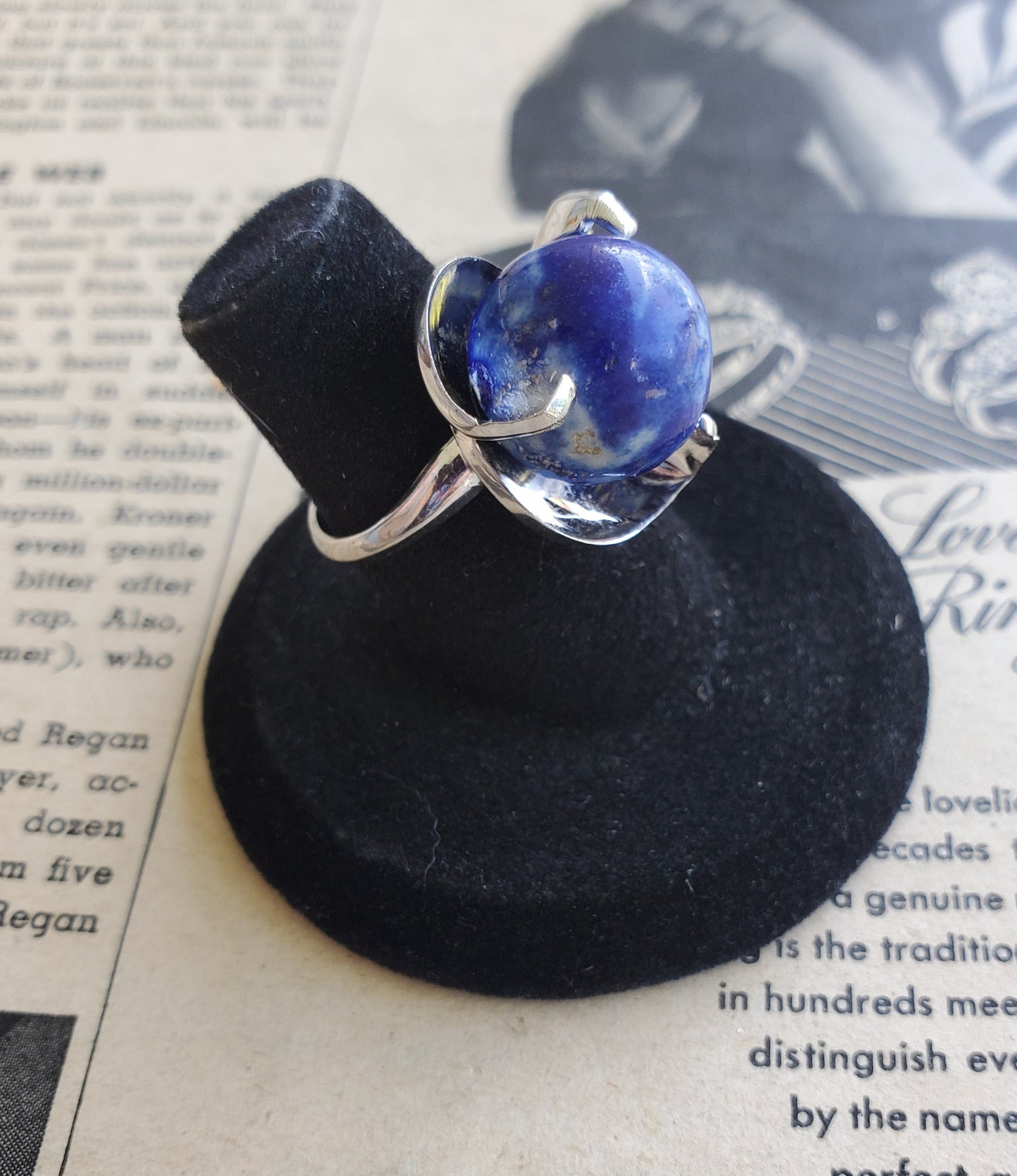 Clark and Coombs sterling silver and blue china Modernist 1950's vintage ring size 6