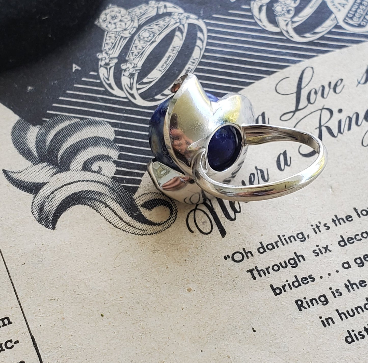 Clark and Coombs sterling silver and blue china Modernist 1950's vintage ring size 6
