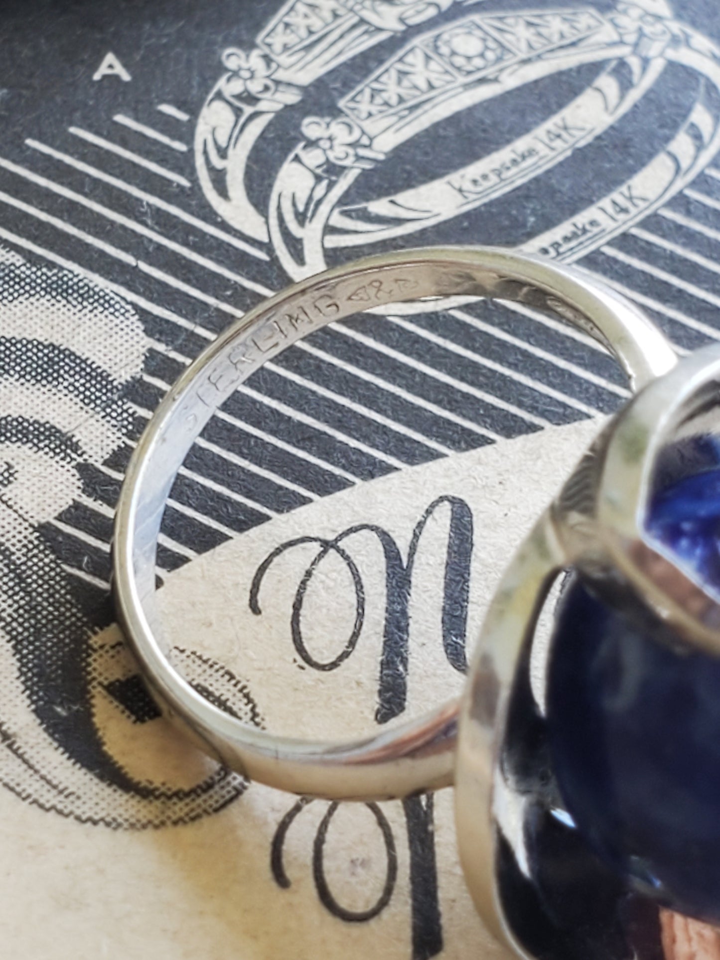 Clark and Coombs sterling silver and blue china Modernist 1950's vintage ring size 6