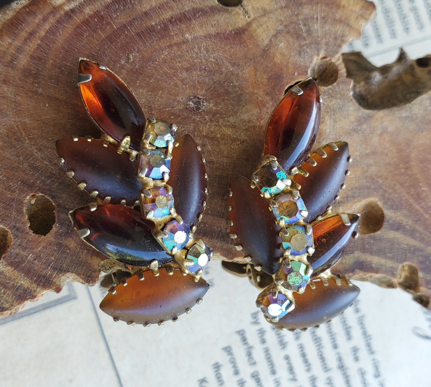D&E Juliana open back navette root beer rhinestone clip on cluster earrings