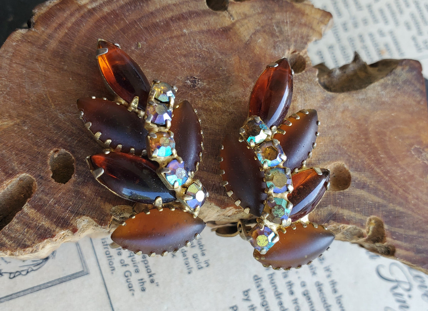 D&E Juliana open back navette root beer rhinestone clip on cluster earrings