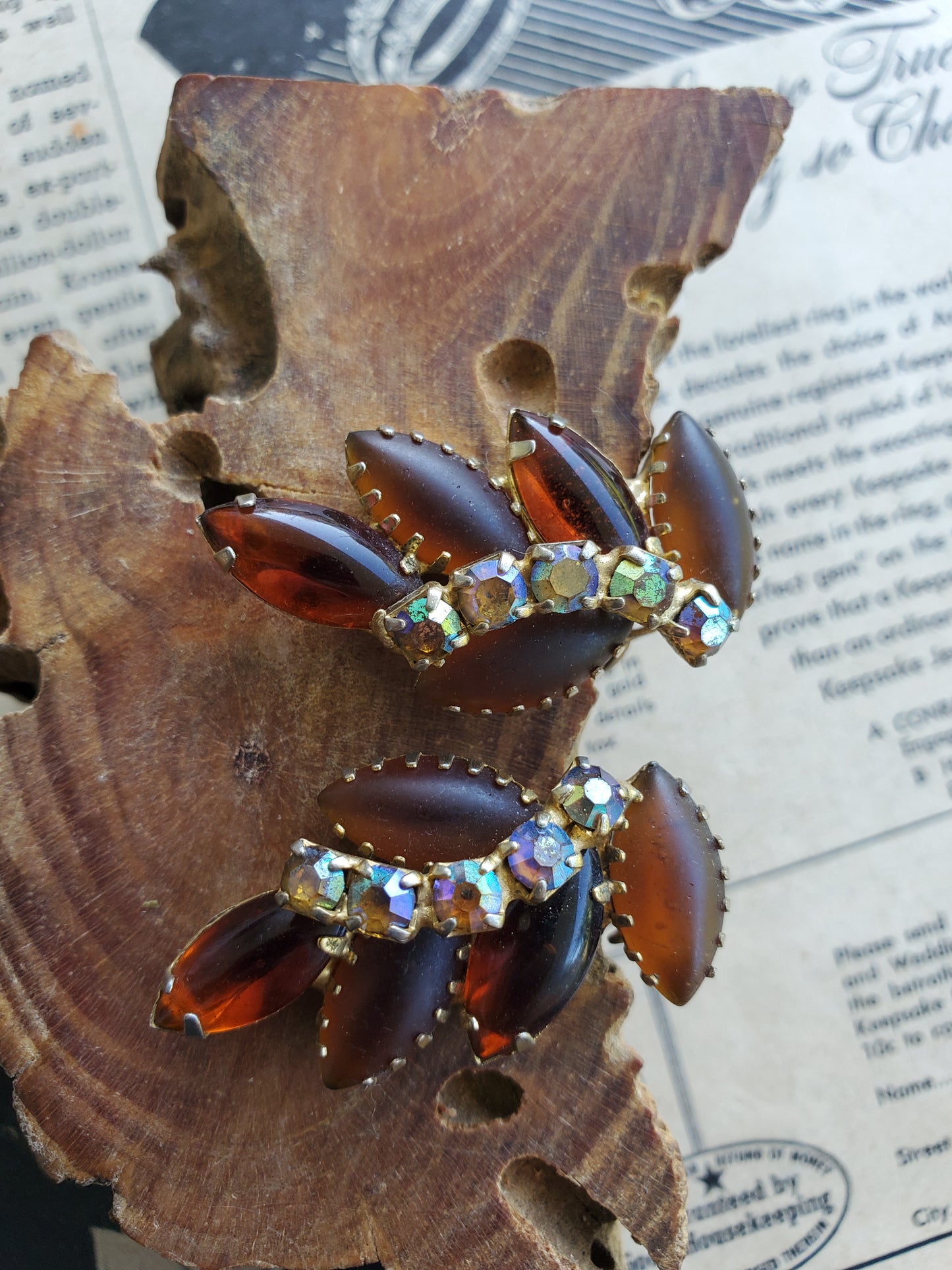 D&E Juliana open back navette root beer rhinestone clip on cluster earrings