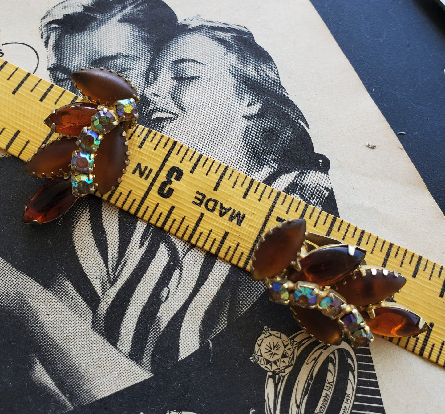D&E Juliana open back navette root beer rhinestone clip on cluster earrings