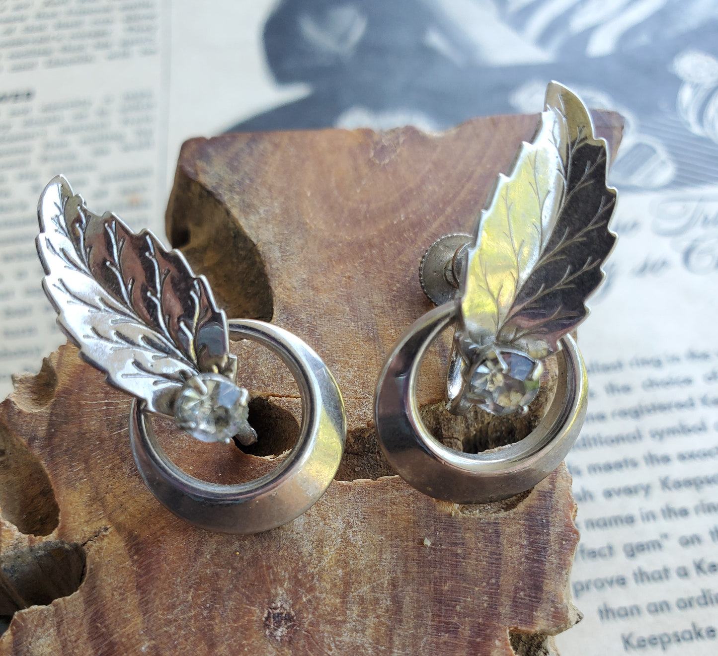 Alice signed screw back rhinestone leaf vintage earrings.