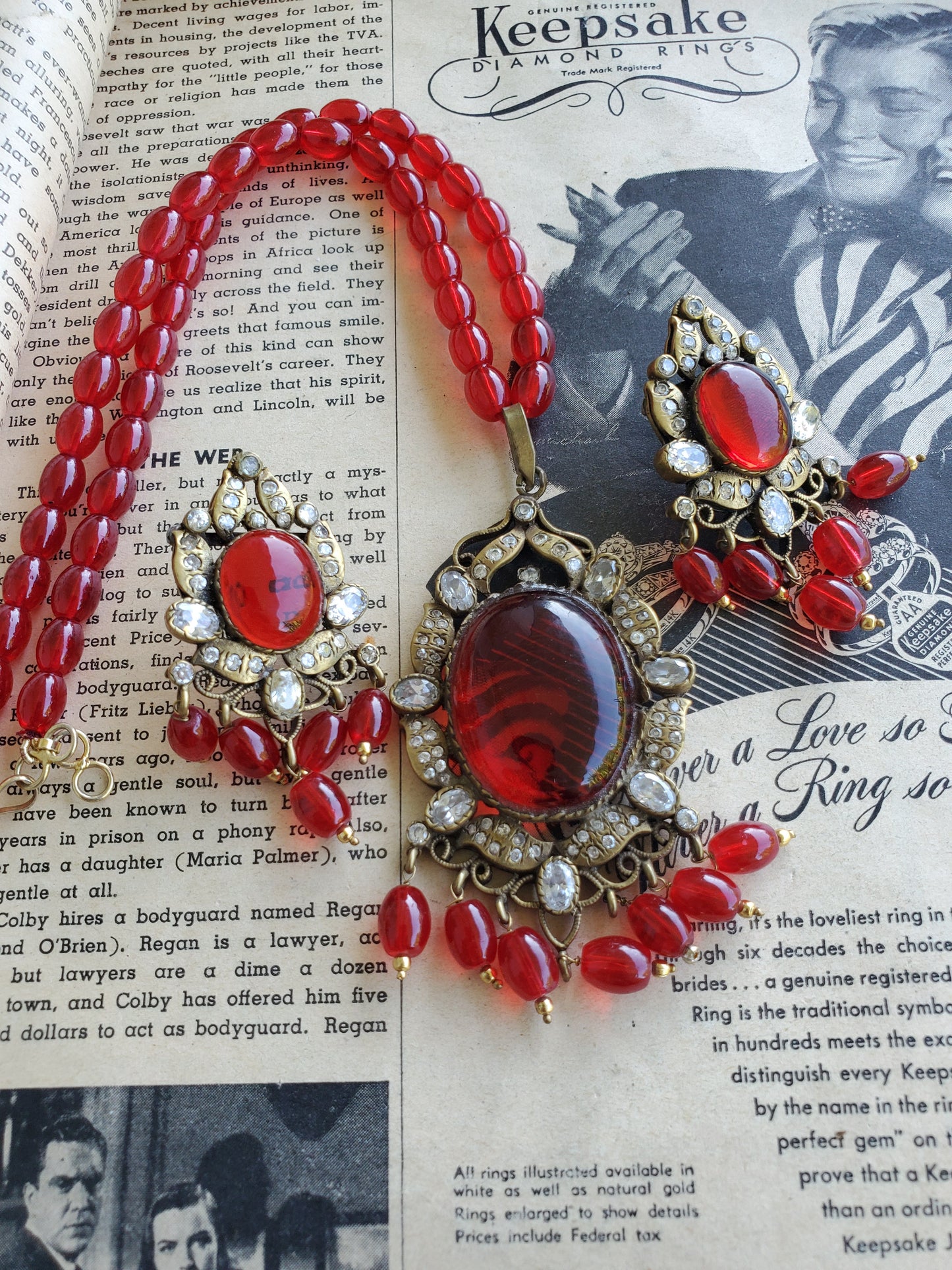 Deep Ruby Red Royal Wedding Bollywood gold plated beaded and cut crystal necklace and earring set