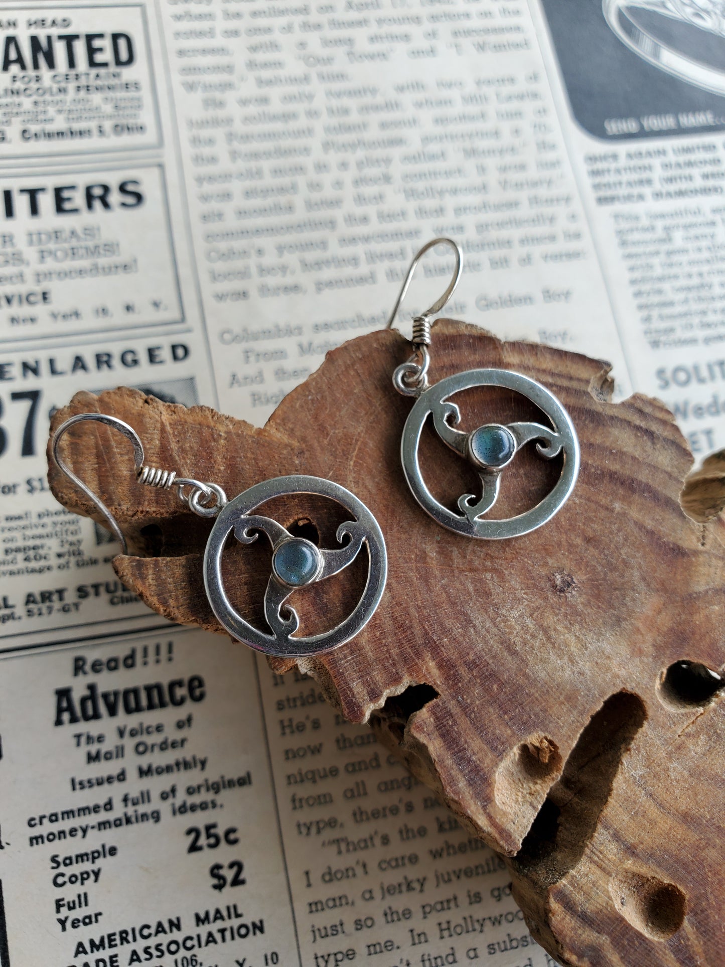 Celtic knot Labradorite Triskele Triple Spiral Triskelion sterling silver earrings