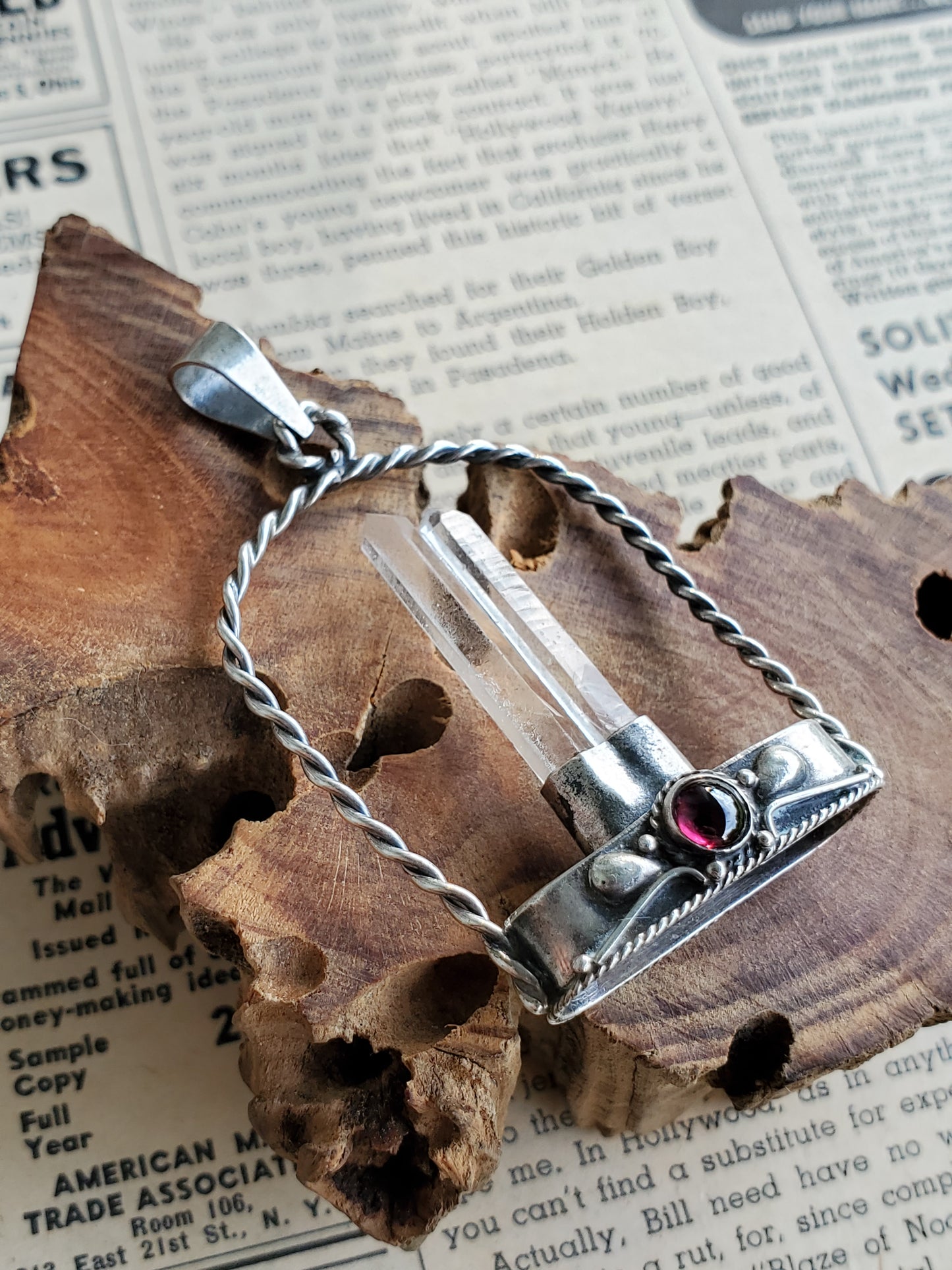 Twin terminated quartz point arch pendant sterling silver with pink tourmaline cab