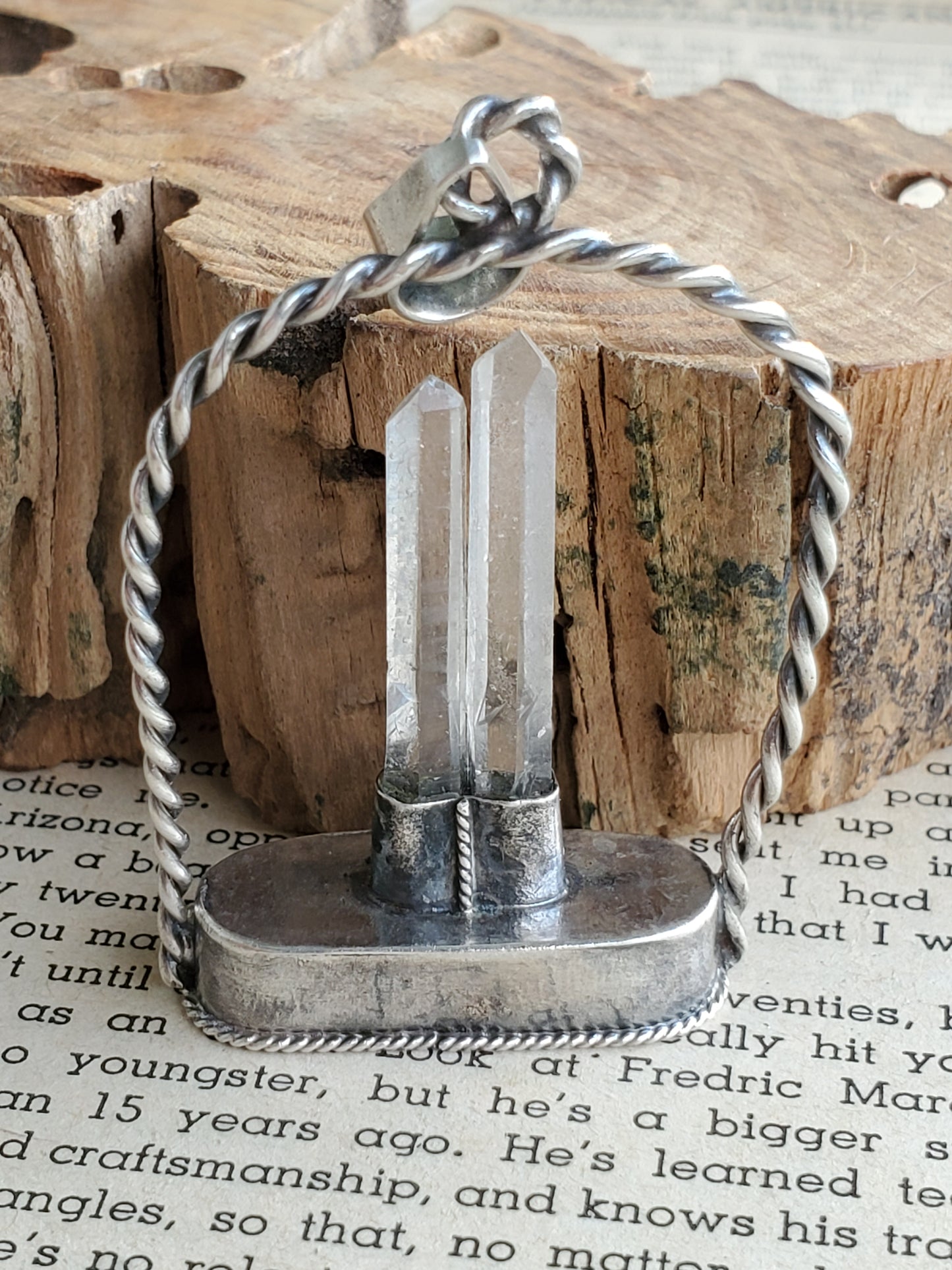 Twin terminated quartz point arch pendant sterling silver with pink tourmaline cab