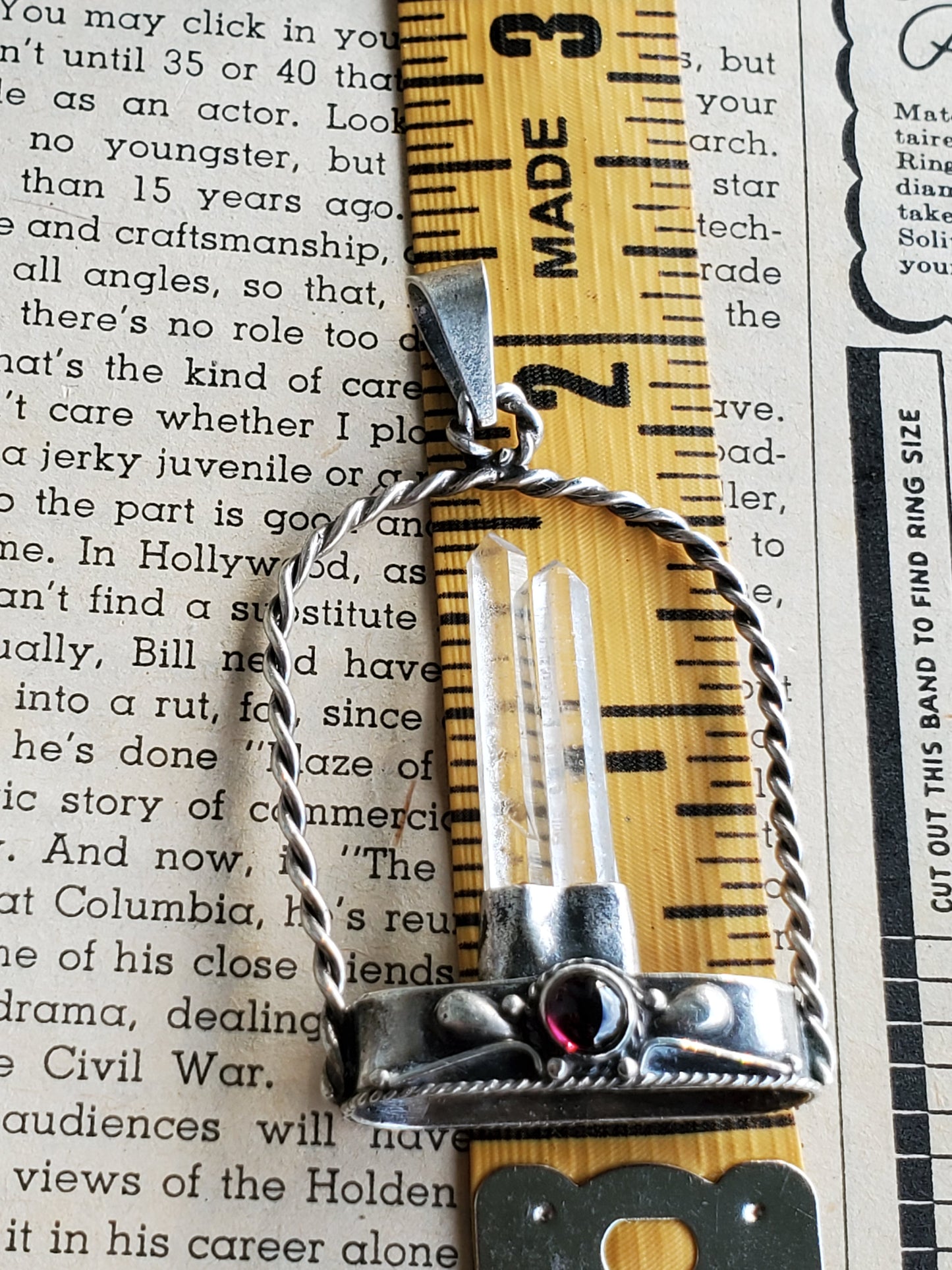 Twin terminated quartz point arch pendant sterling silver with pink tourmaline cab