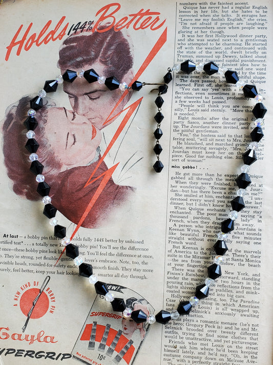 M. West Germany Black and white bicomb aurora borealis austrian crystal vintage necklace