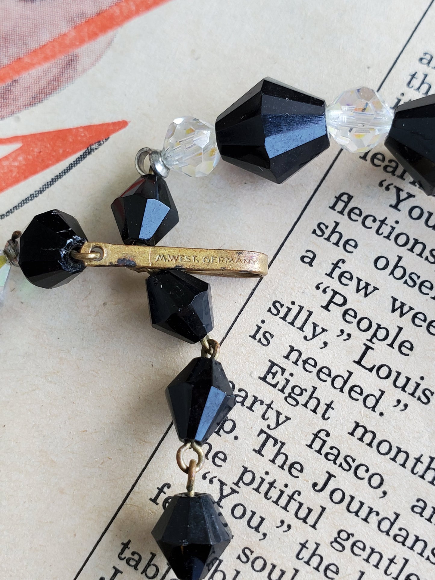 M. West Germany Black and white bicomb aurora borealis austrian crystal vintage necklace