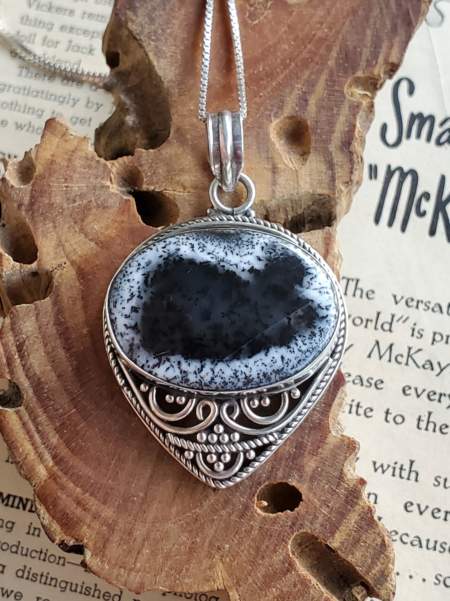 Dendritic opal tribal bali sterling silver necklace